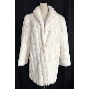 Vintage 60s Womens Faux Fur Mink Coat Ivory Midi Mod Mob Wife Jacket USA Made 16